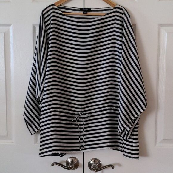Like New Chaps Women's Blouse Striped Top With Cinch Waist - Picture 1 of 8